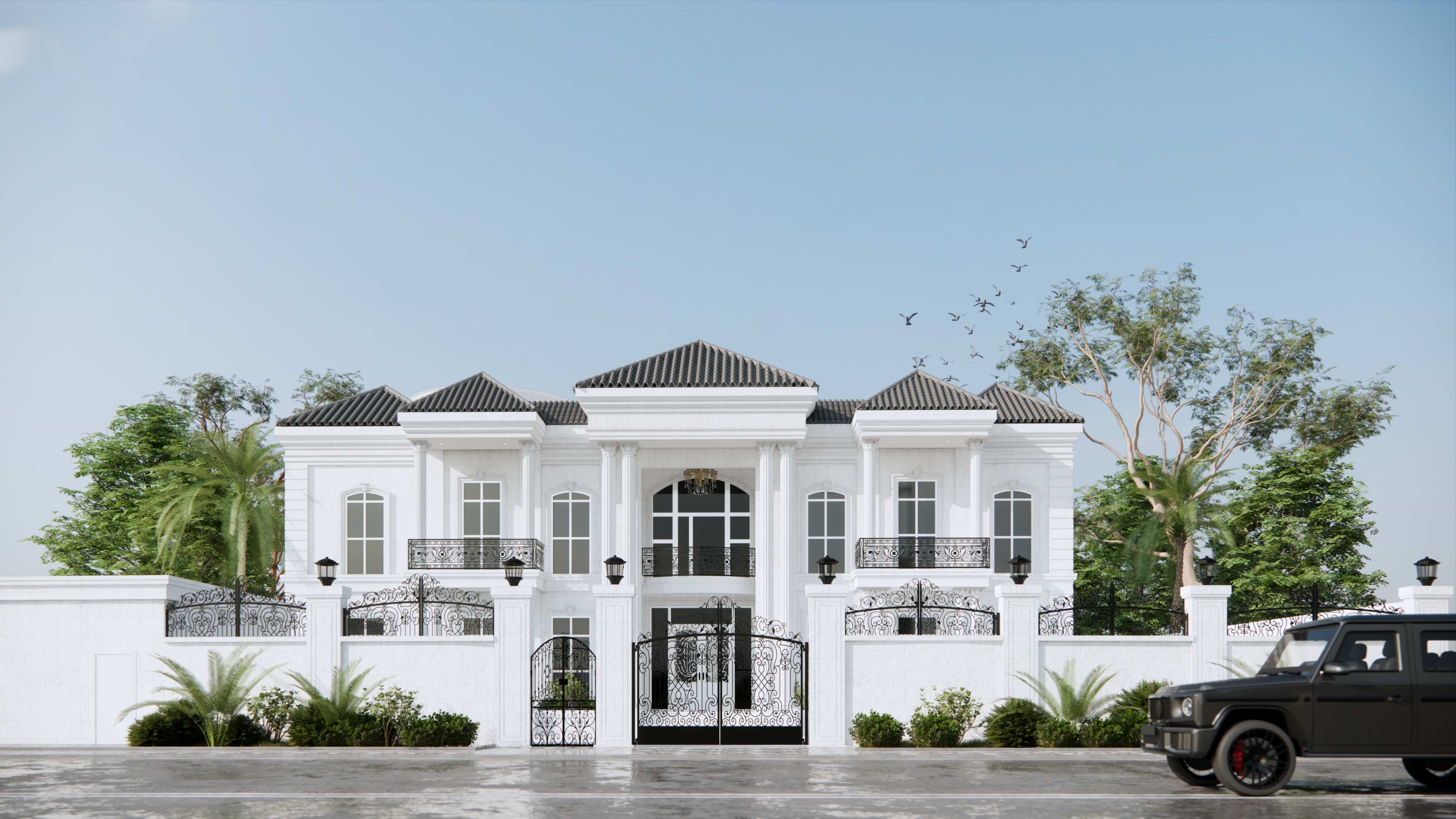 Classic Villa with Twin Hipped-Roof Pavilions