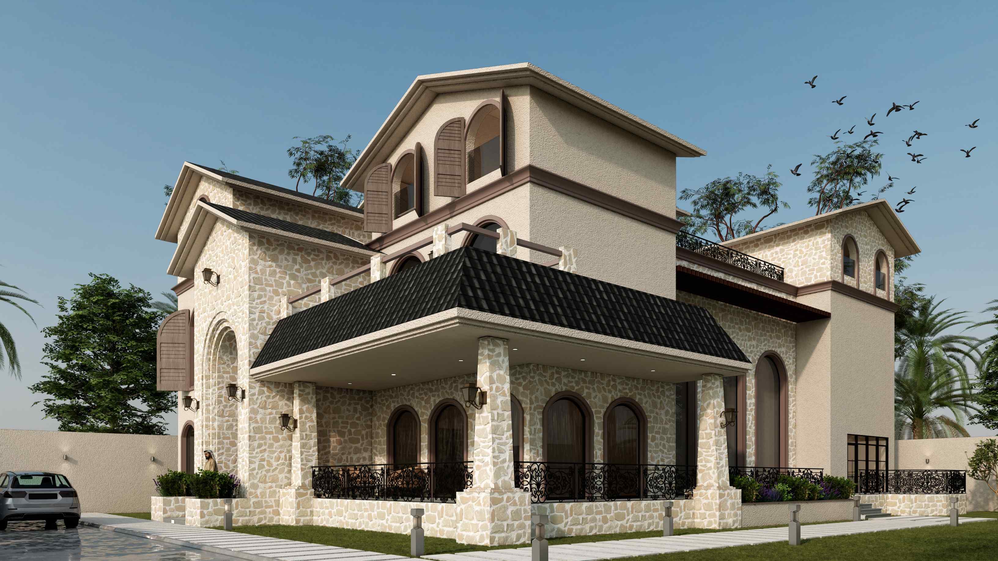 Mediterranean Stone Villa with Arched Loggia
