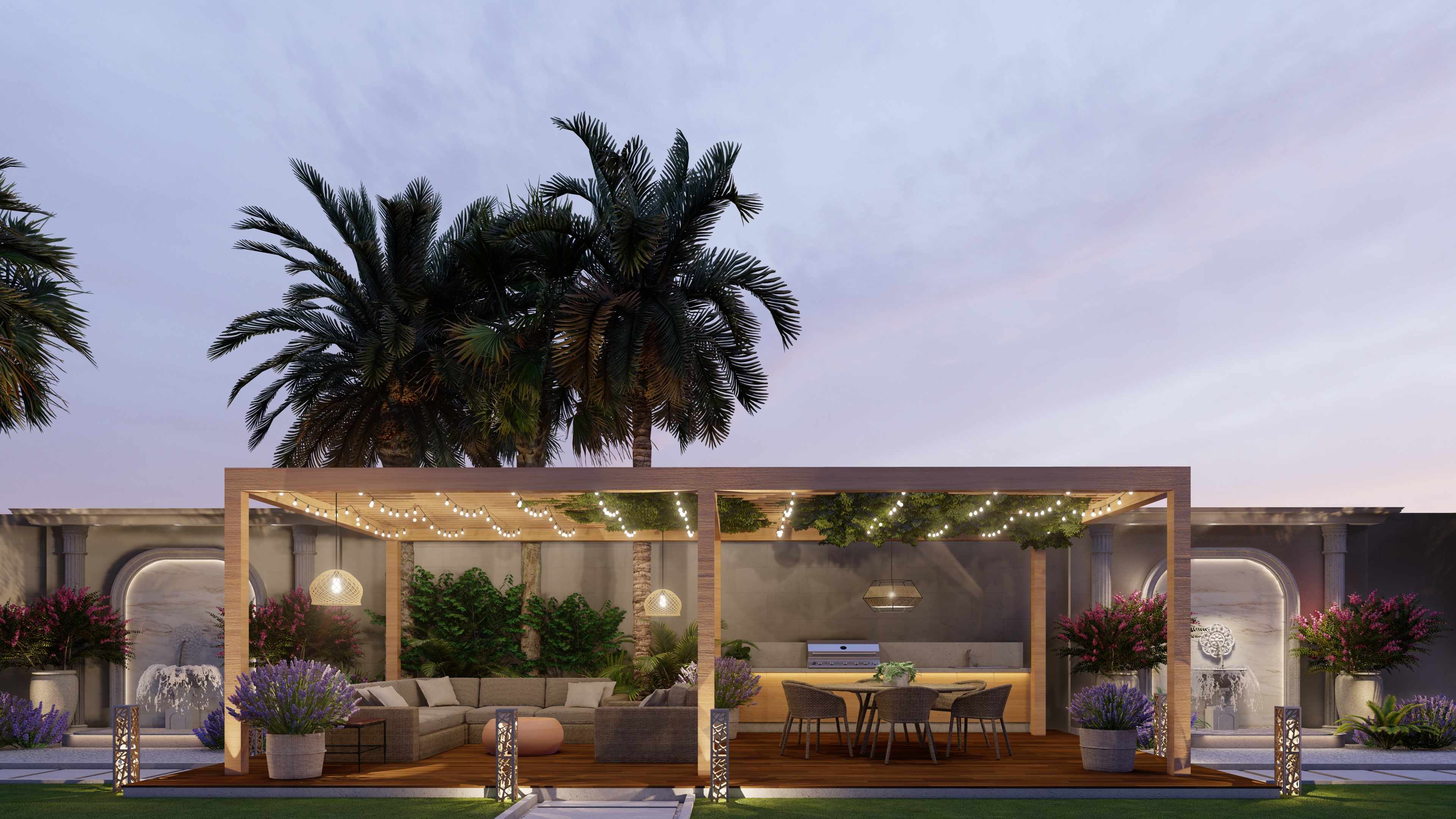 Outdoor Pergola Garden with Kitchen & Wall Fountain