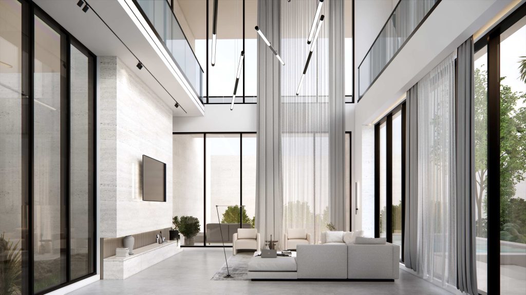 Minimalist Villa Interior with Double-Height Living Room