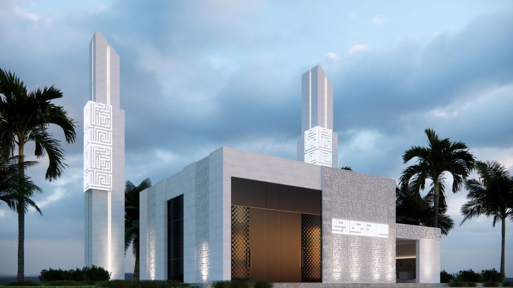 Contemporary Mosque with Illuminated Pattern-Clad Minarets
