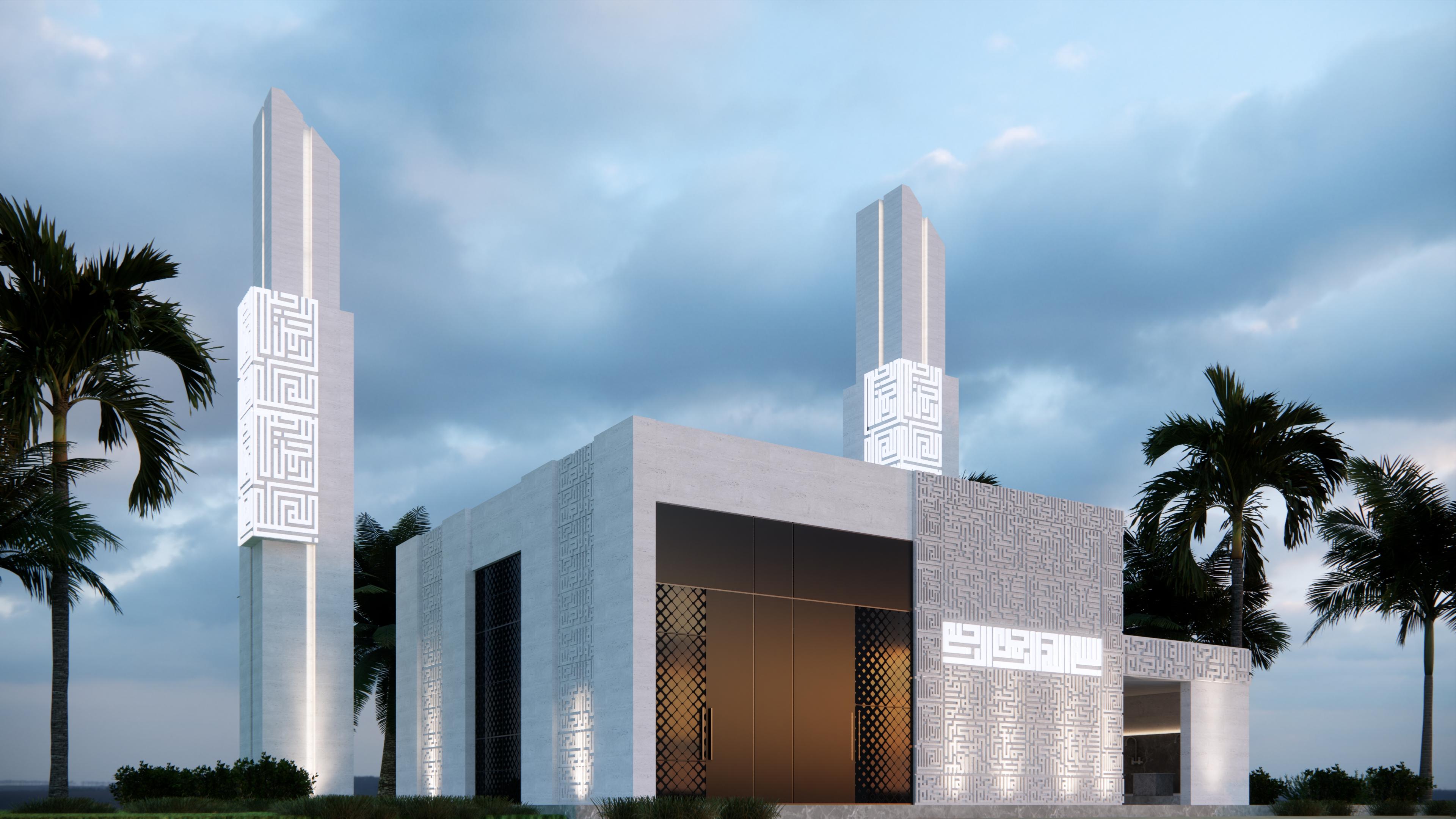 Contemporary Mosque with Illuminated Pattern-Clad Minarets