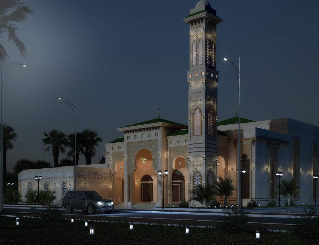 Traditional Stone Mosque with Green Domes & Arched Portico